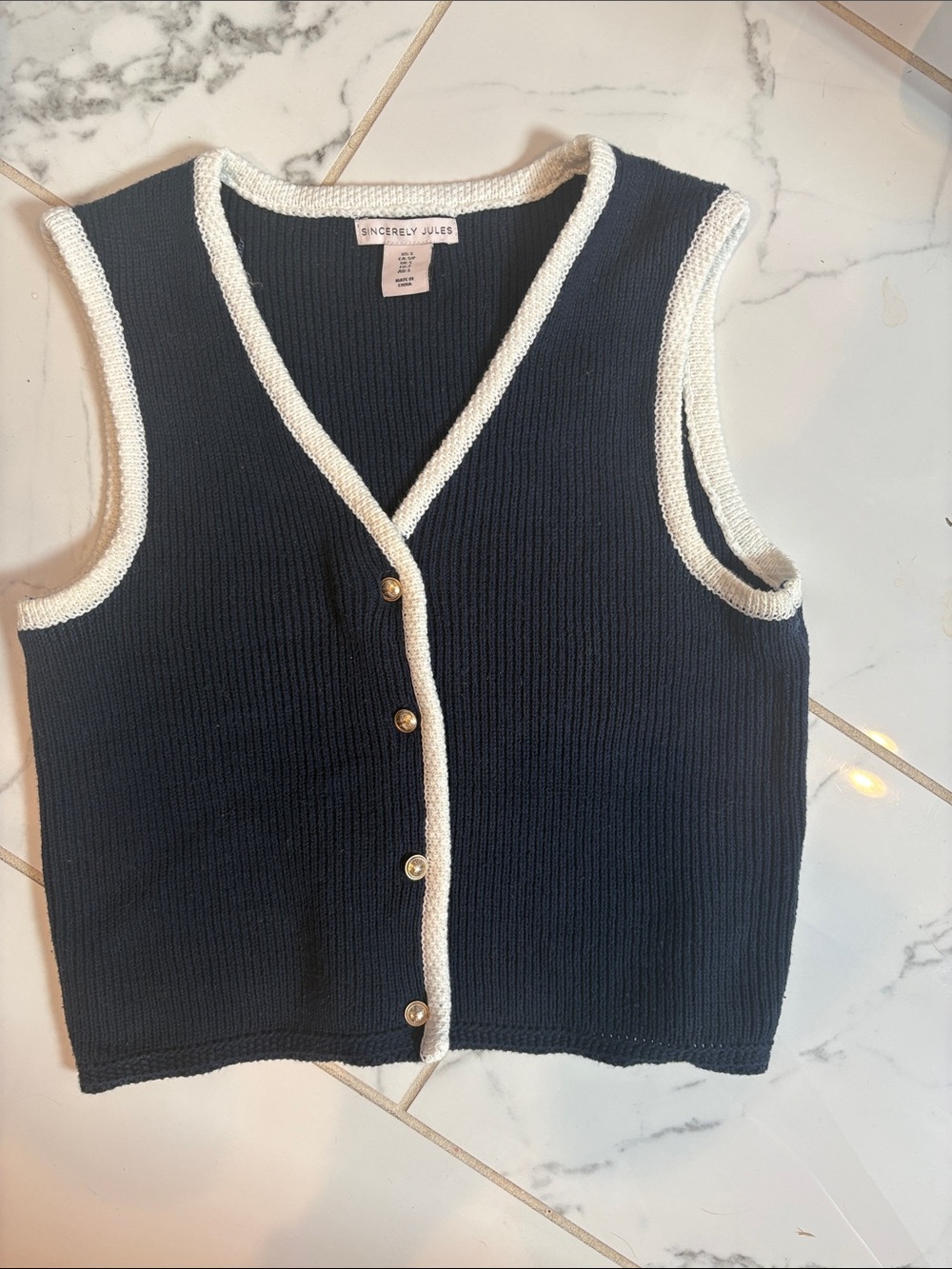 Sincerly Jules Navy Vest with White Trim and Gold Buttons